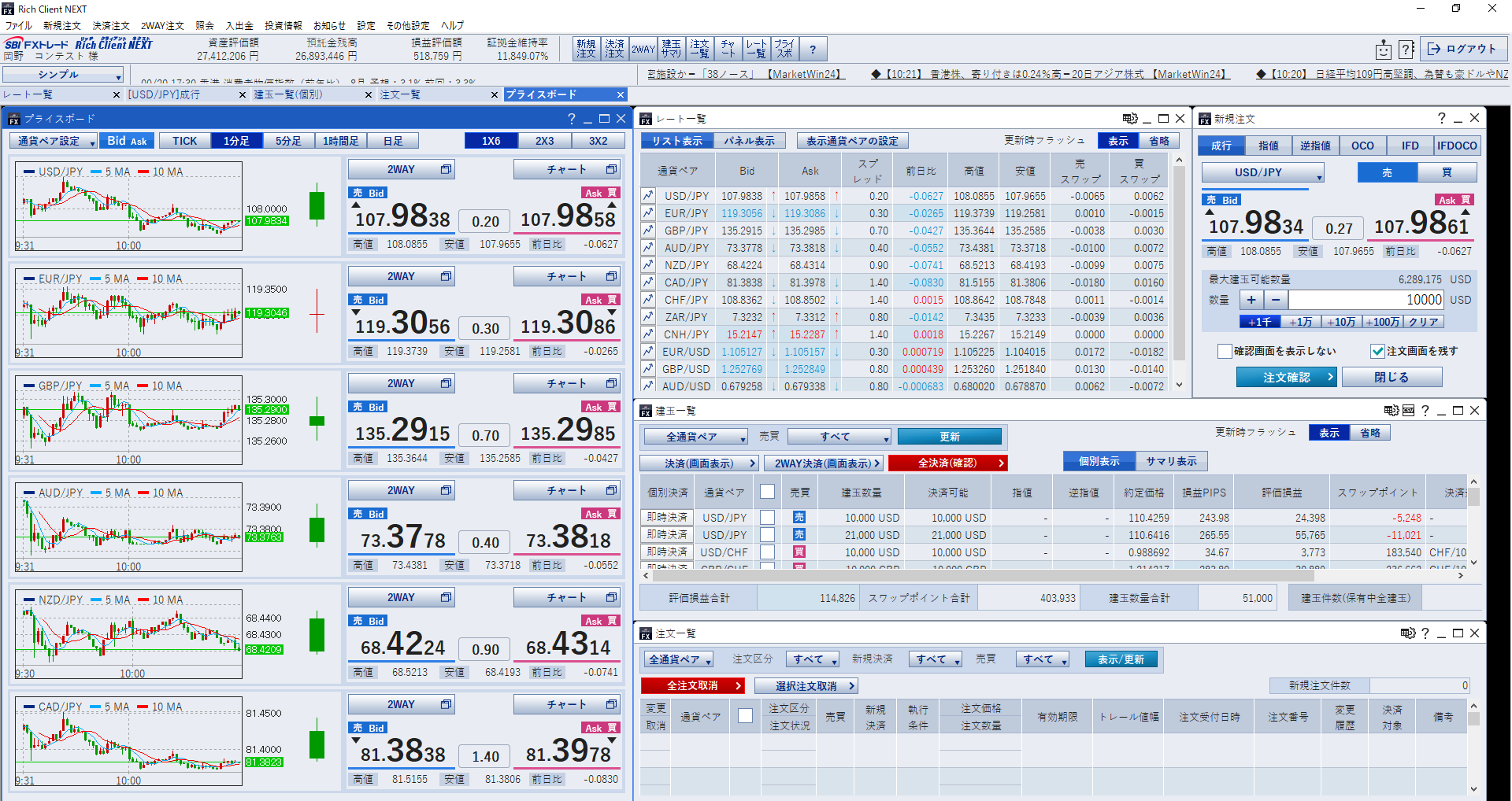 SBI FXトレードパソコン用ツール「Rich Client Next」の取引画面サンプル